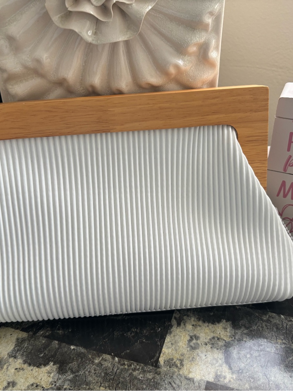 White Ribbed Clutch with Wood Frame
